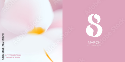 Spring floral cards set. Blurred gradient ethereal white flower. 8 March greeting card. Square natural landscape. Number 8 design.