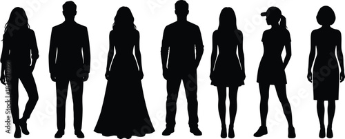 Silhouettes of seven individuals in varied outfits and poses, showcasing fashion diversity and character expression on a clean white background for design use