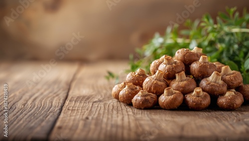 Brown mushrooms in a pile f...
