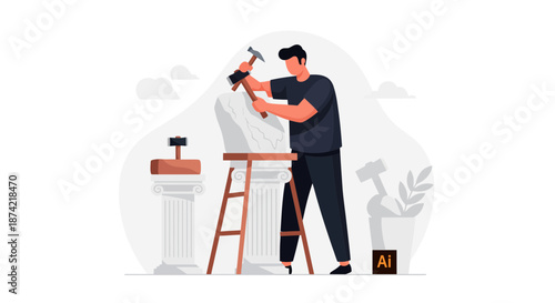 Man Sculpting Marble Statue Using Hammer And Chisel.