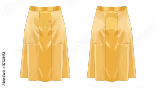 Elegant Yellow Skirt Design Illustration Front View and Back View Showcasing Panel Details and Flowing Silhouette Perfect for Fashion Design Concepts