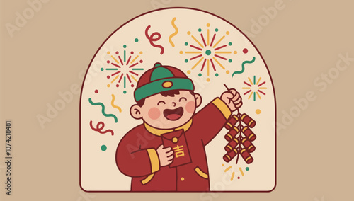 Cartoon Boy Celebrating Chinese New Year with Firecrackers