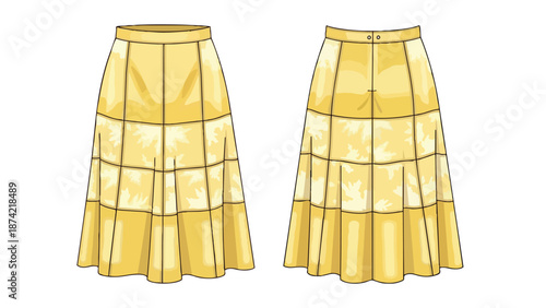 Fashionable Yellow Pleated Tiered Skirt Design with Subtle Leaf Pattern for Apparel Technical Drawings and Style Guides