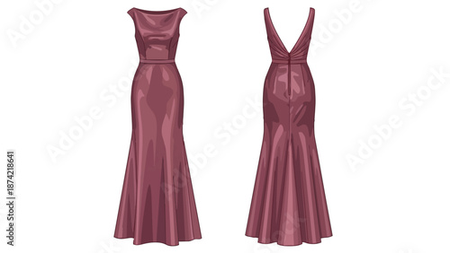 Elegant mermaid-style evening gown presented from front and back views showcasing luxurious fabric and flattering silhouette for formal occasions