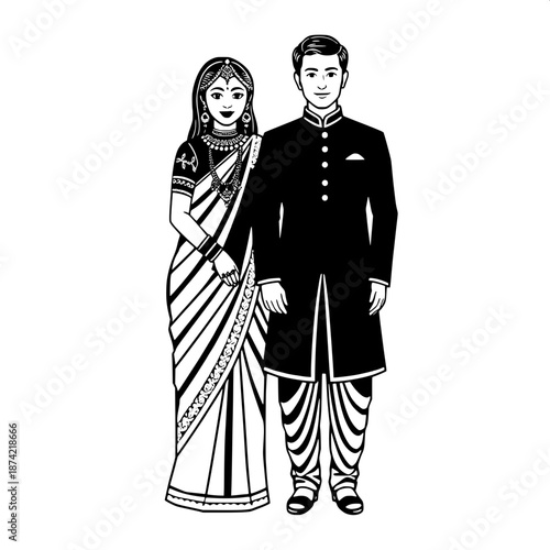 Simple black line art of Indian newlyweds standing together, the bride adorned with intricate traditional jewelry including a mangalsutra, bangles, and a bindi, wearing a elegant sari, while the groom