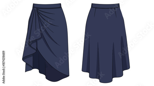 Elegant deep blue skirt designs featuring asymmetric draping and flared silhouettes for fashion illustration