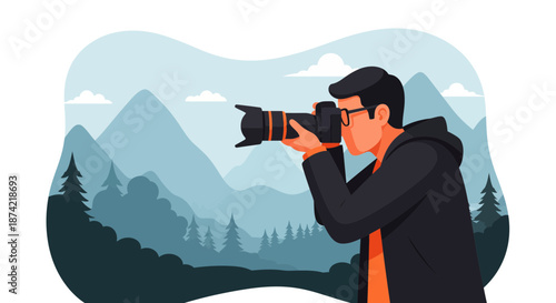 Man Taking Photograph With Professional Camera Outdoors.