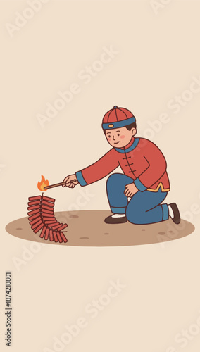 Boy Lighting Firecrackers for Chinese New Year