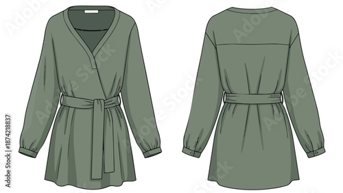 Fashion illustration of a stylish olive green wrap-style dress with a tie belt and long sleeves