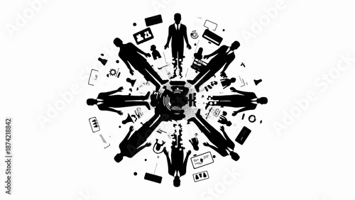 Diverse team collaborating around a central idea, surrounded by technology and innovation.