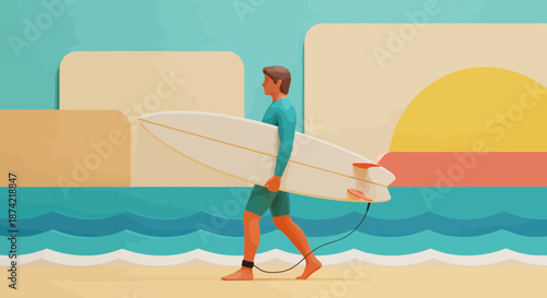 Man Walking on Beach Carrying Surfboard at Sunset.