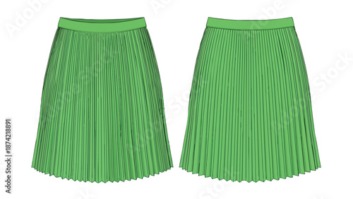 A meticulously rendered digital illustration showcases a vibrant green pleated skirt displayed from front and back viewpoints