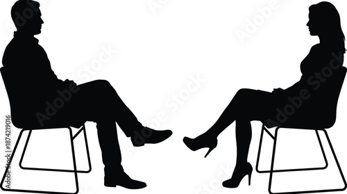 Silhouettes of two people seated face-to-face on minimalist chairs, symbolizing conversation, counseling, or interview on a clean white background