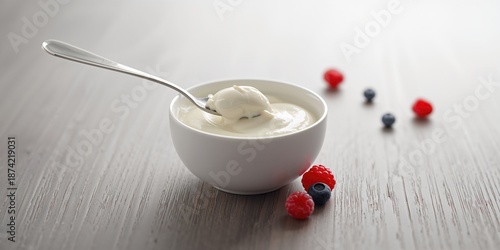 Eating spoon with yogurt an...