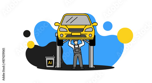 Mechanic Repairing Yellow Car on Lift Illustration.