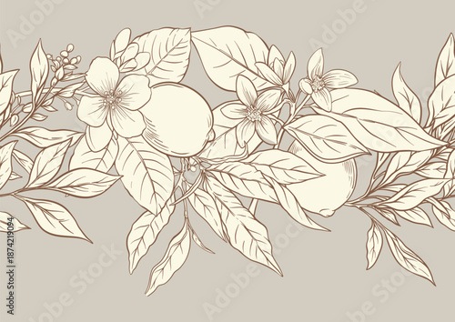 Lemons and tea leaves seamless coloring page. Botanical outline design with citrus fruits, blossoms, branches, and garden foliage for printable, kitchen, food, drink, textile, and wallpaper projects.