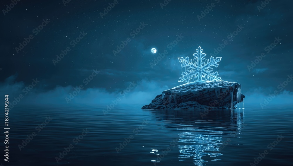 Fototapeta premium Illuminated snowflake island during nighttime, its unique shape and glow