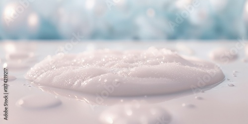 Soap and shower gel lather on surface, serving as a functional bath hygiene background