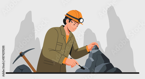 Miner Extracting Rocks Using Hammer and Pickaxe.