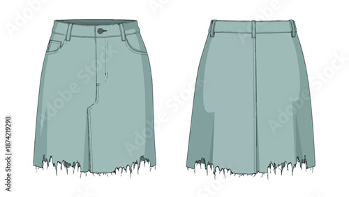 Fashion illustration of a light blue denim skirt with a frayed hemline presented from front and back views