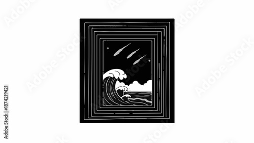 Dramatic ocean wave crashes under a starry night sky with shooting stars, framed by concentric squares.