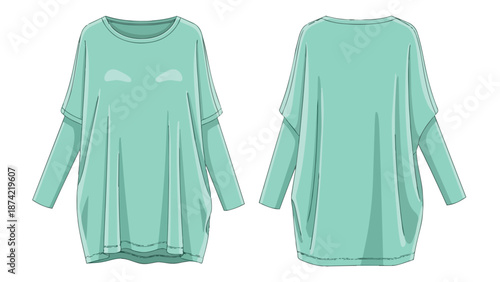 Front and back view of a stylish loose-fitting mint green long-sleeved tunic with elegant draping and a casual aesthetic