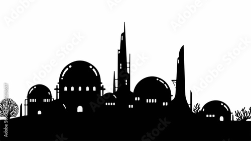 Futuristic city skyline silhouette against a bright sky, showcasing unique architecture and design.