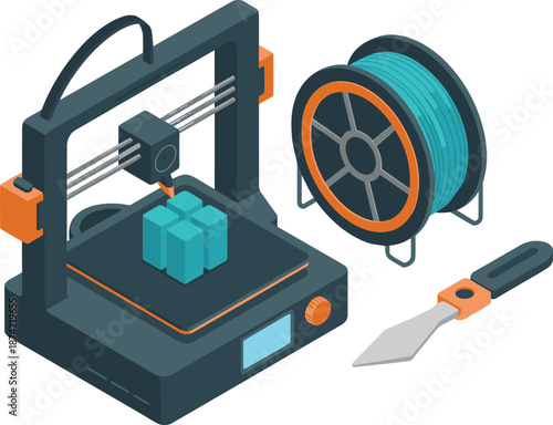 3D printer illustration, additive manufacturing technology, filament spool, prototyping concept, modern desktop printer, engineering design, creative production, digital fabrication