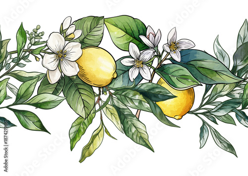 Lemons and tea botanical seamless pattern. Hand-drawn citrus fruit, tea leaves, flowers, and branches in vintage style. Natural, organic motif for textile, wallpaper, food, drink, kitchen projects.