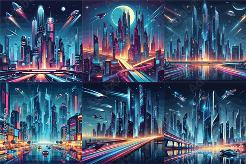 Futuristic city vector set at night