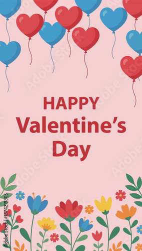 Happy Valentine's Day with Balloons and Flowers