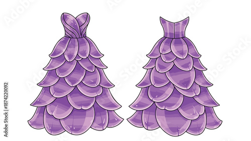 Artistic depiction of two fantastical purple dresses with petal-like layers showcasing elegant design and whimsical flair