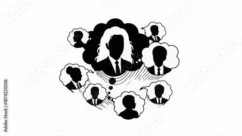 Central figure in thought bubble surrounded by smaller silhouettes of people, representing ideas and connections.