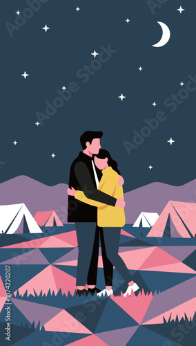 Couple Embracing at Campsite Under Starry Night