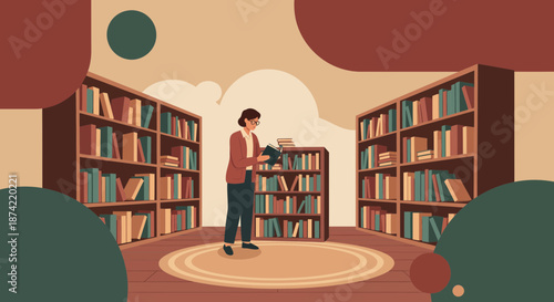 Person Browsing Books in Library Aisle.