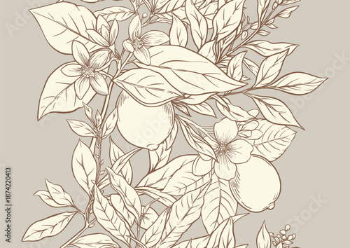 Lemons and tea leaves seamless coloring page. Botanical outline design with citrus fruits, blossoms, branches, and garden foliage for printable, kitchen, food, drink, textile, and wallpaper projects.