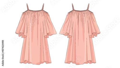 Two views of a peach colored, off-the-shoulder dress with ruffled sleeves and a gathered neckline detail