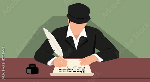 Person Writing with Quill Pen on Paper.