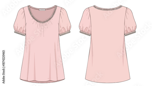 A delicate pink garment illustration showcasing front and back views with intricate neckline embellishments
