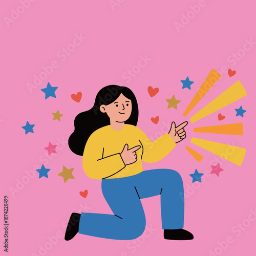 Woman Pointing with Stars and Hearts