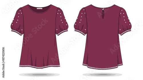 Fashionable maroon top with puffed sleeves adorned with delicate white pearl accents on the cuffs and hem for a stylish garment design