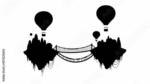 Whimsical floating islands connected by a bridge, with hot air balloons ascending