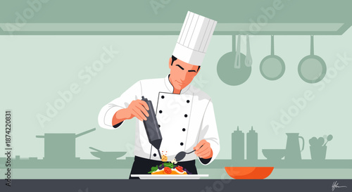 Professional chef preparing gourmet dish in kitchen.