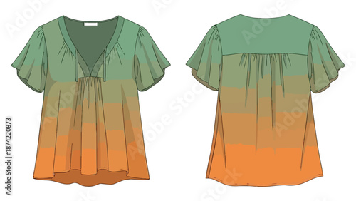 Fashionable gradient printed v-neck blouse with voluminous short sleeves showcasing front and back views