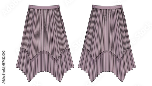Elegant pleated midi skirt fashion illustration in muted lavender with asymmetrical hemline and flowing silhouette
