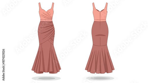 Elegant draped fishtail gown illustration front and back view isolated on white background