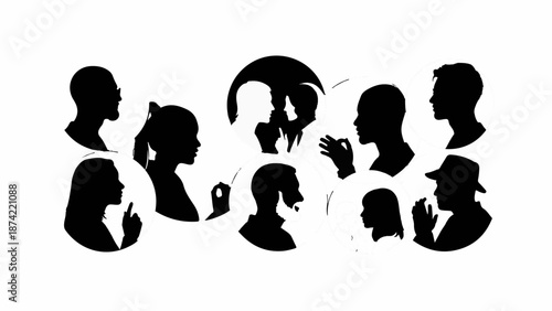 Diverse group of silhouetted people in conversation, illustrating communication and connection.