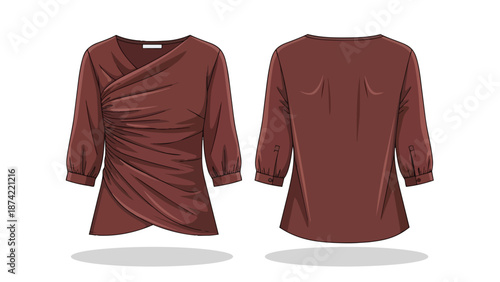 Elegant Russet Draped Blouse Front and Back View Illustration