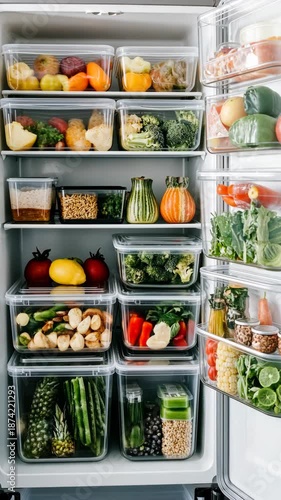 Organized refrigerator showcase with fresh vegetables and fruits