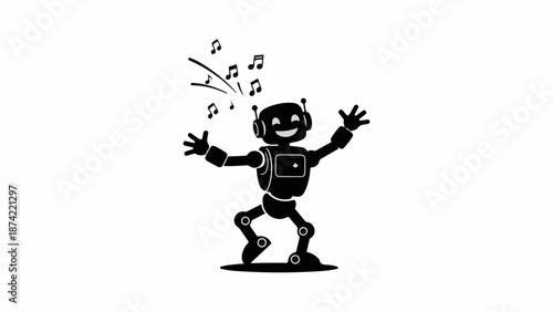 Joyful robot dancing and celebrating with musical notes flying